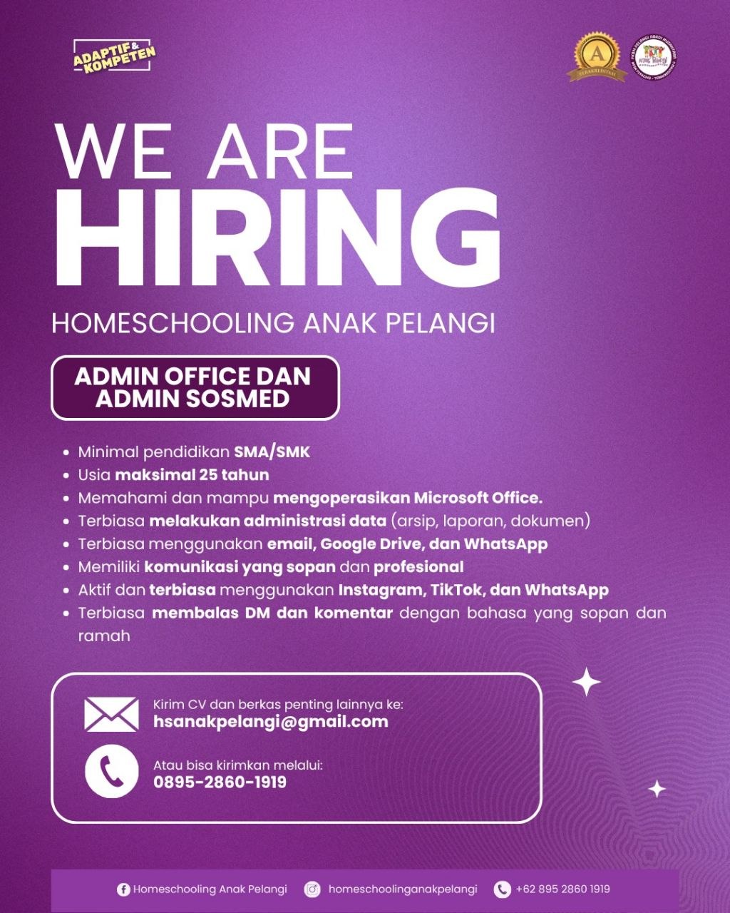 Poster lowongan Homeschooling Anak Pelangi