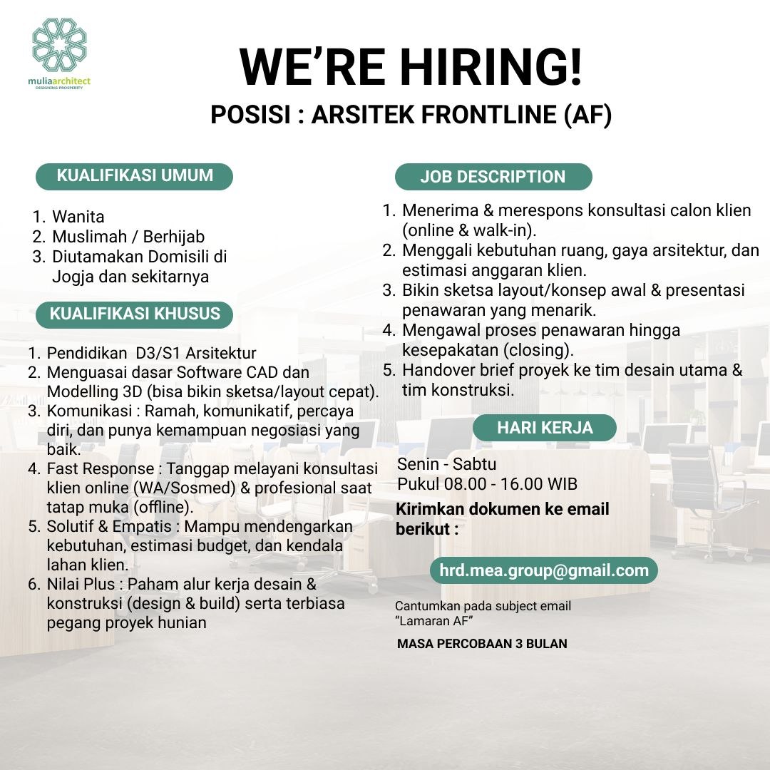 Poster lowongan Mulia Architect