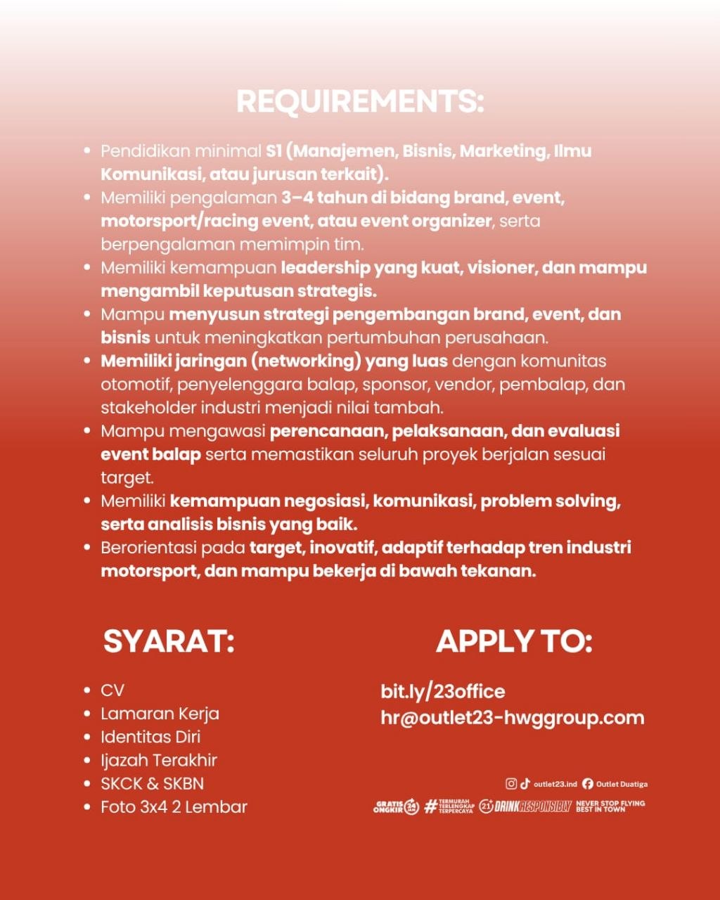 Poster lowongan Outlet 23 HWG