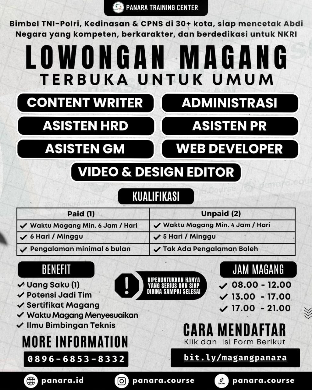 Poster lowongan Panara Training Center