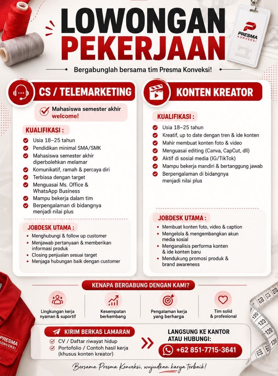 Poster lowongan Presma Konveksi