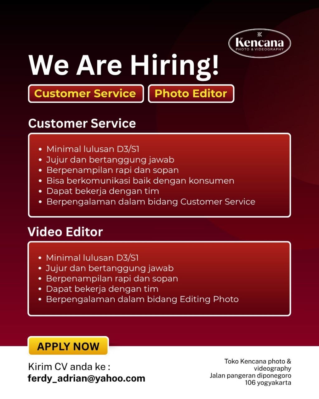 Poster lowongan Kencana Photo & Videography