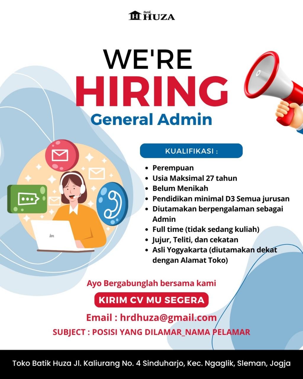 Poster lowongan Toko Batik Huza