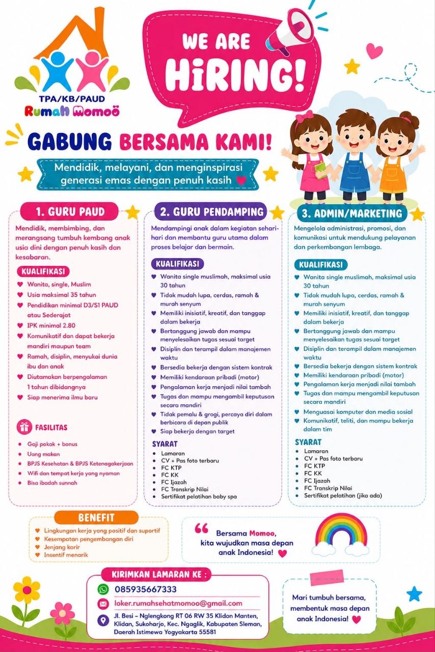 Poster lowongan TPA/KB/PAUD Rumah Momoo