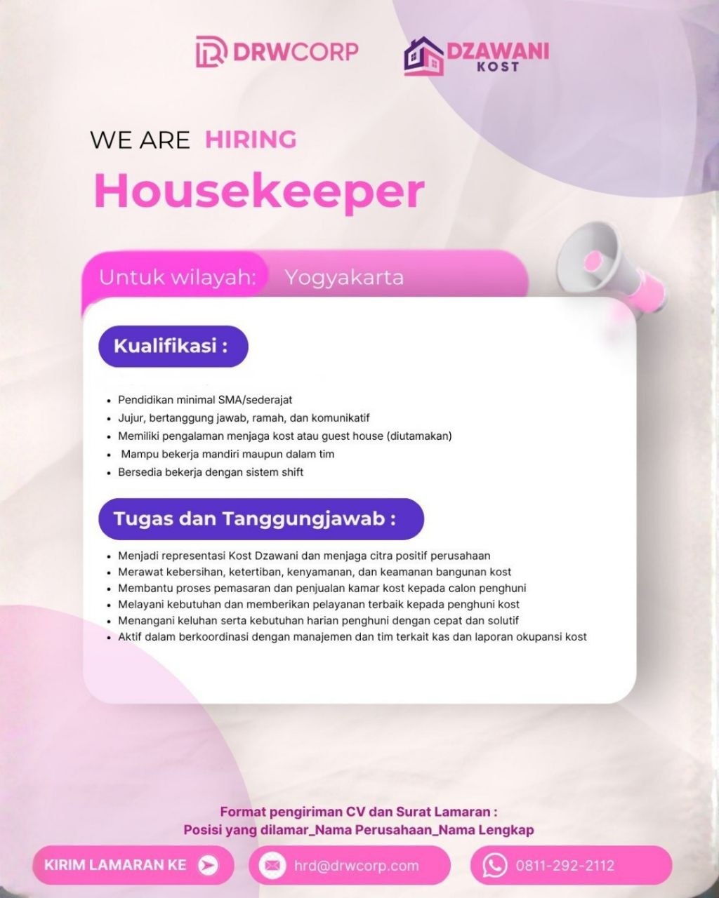 Poster lowongan DRWCORP / Dzawani Kost