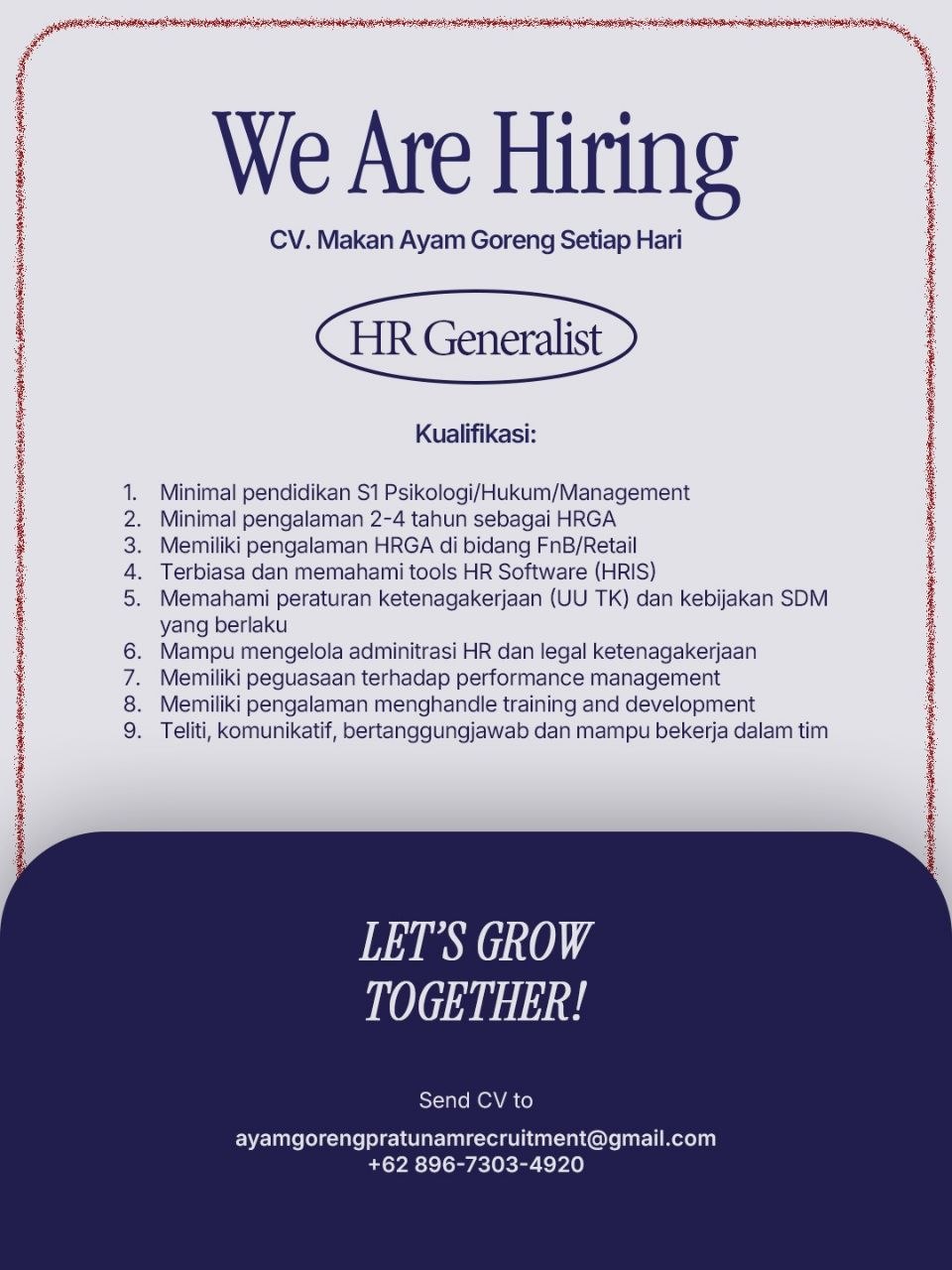 Poster lowongan CV. Makan Ayam Goreng Setiap Hari
