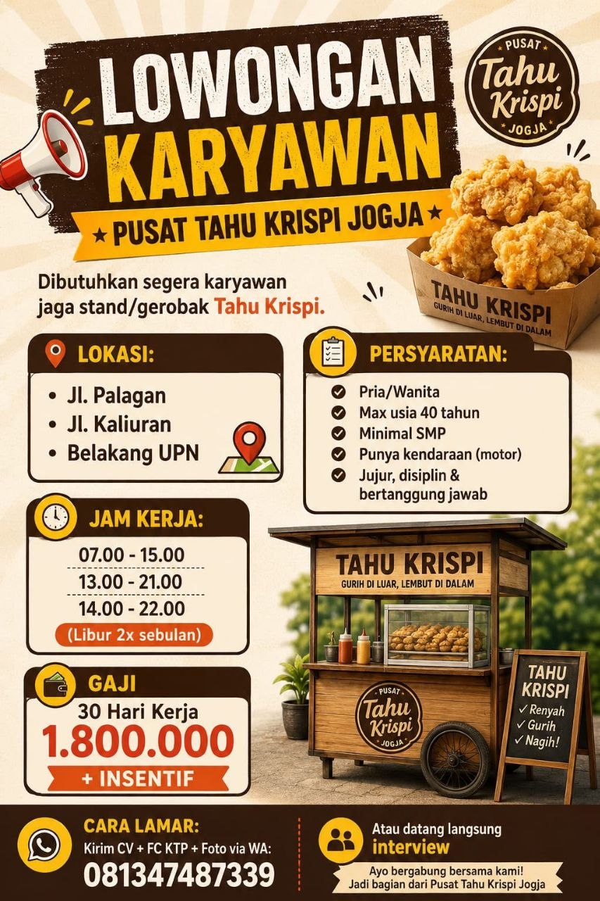Poster lowongan Pusat Tahu Krispi Jogja