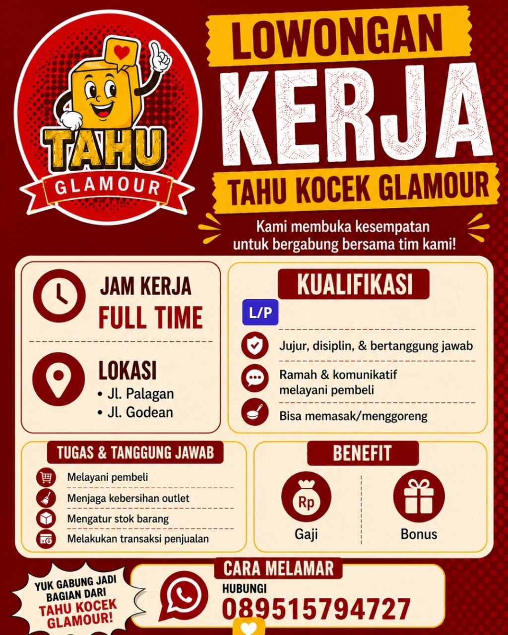 Poster lowongan Tahu Kocek Glamour