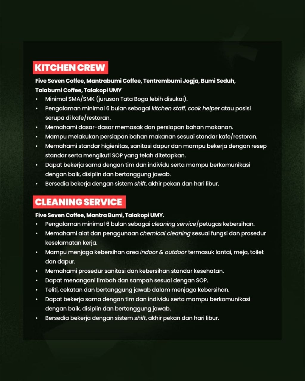 Poster lowongan Five Seven Coffee