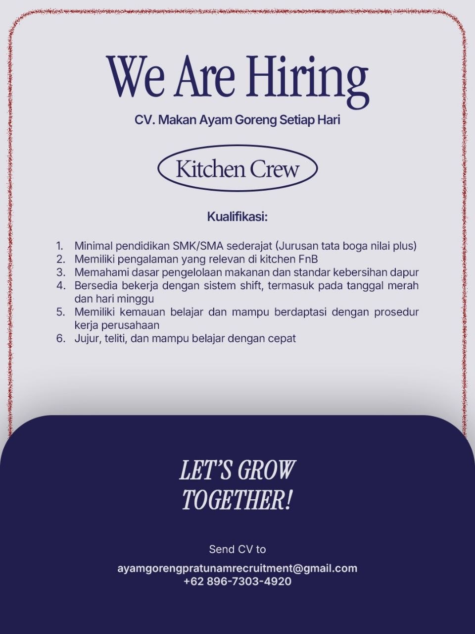 Poster lowongan CV. Makan Ayam Goreng Setiap Hari