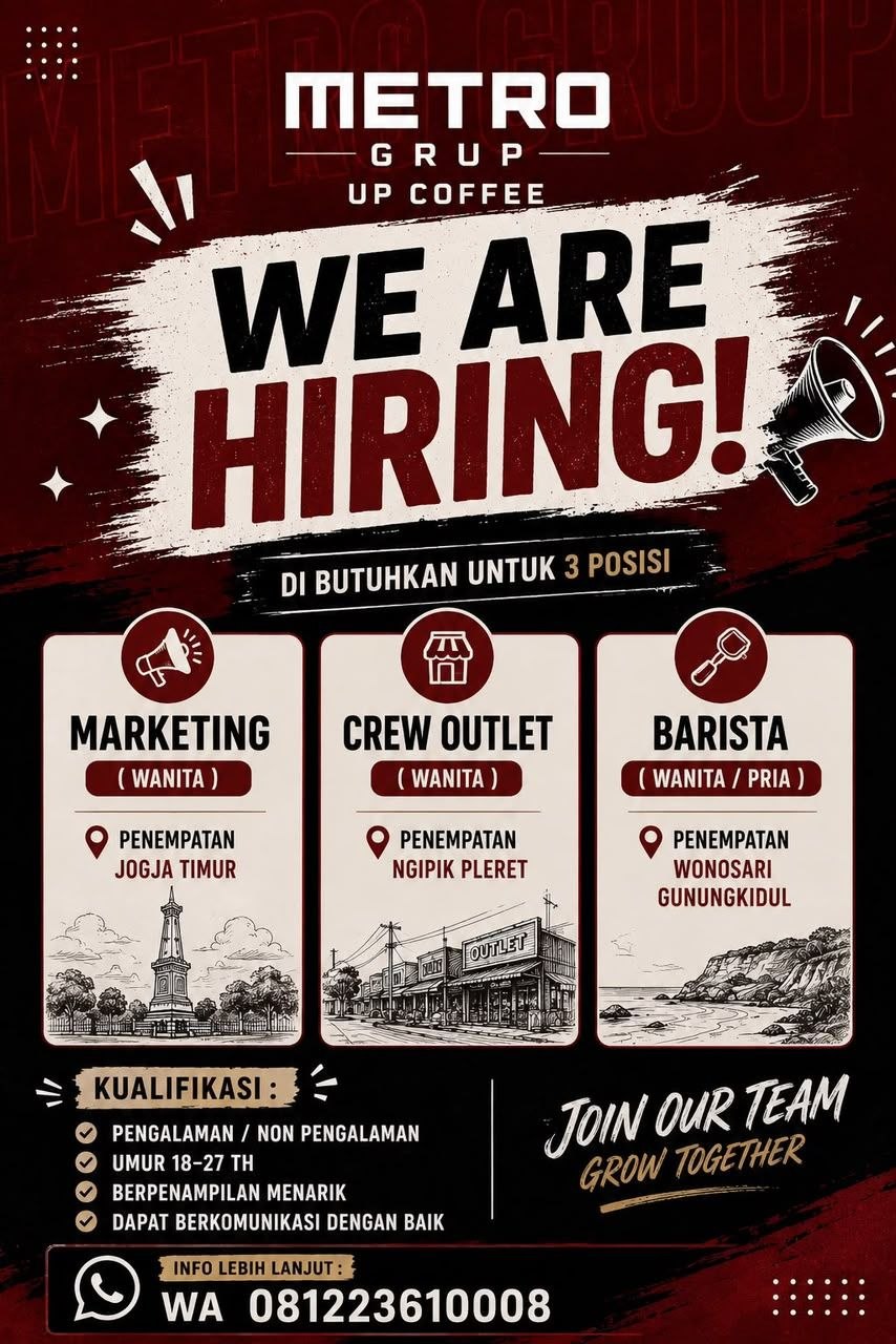 Poster lowongan Metro Grup UP Coffee