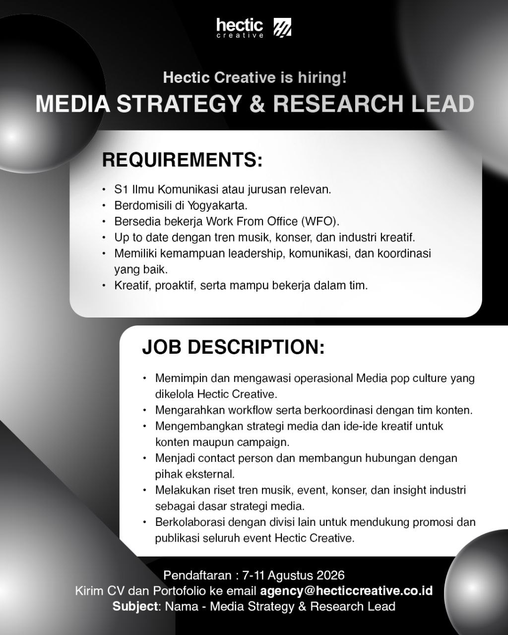 Poster lowongan Hectic Creative