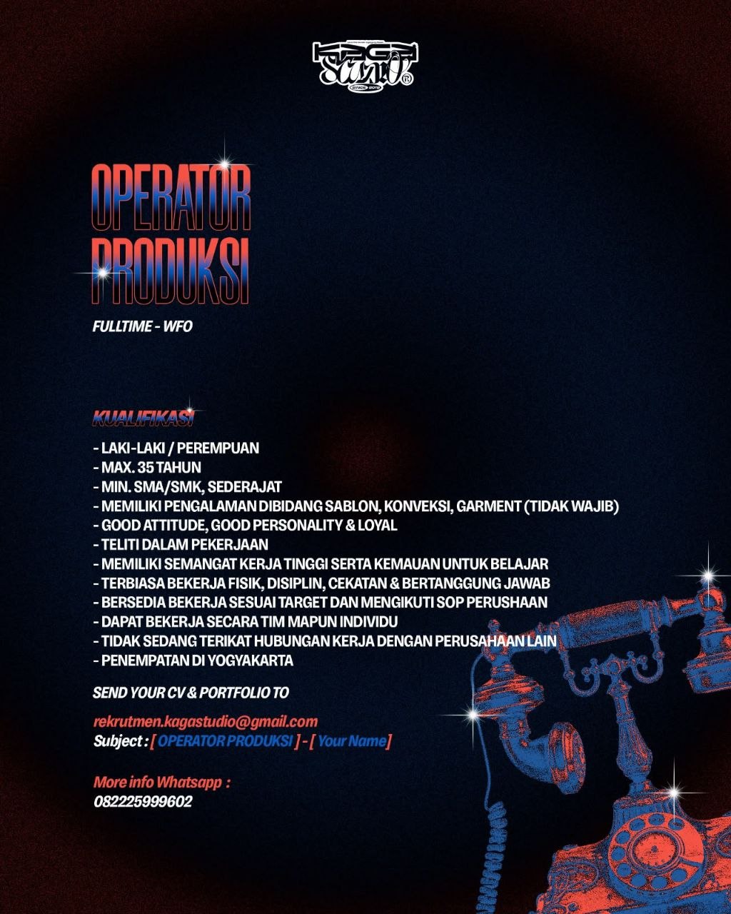Poster lowongan Kaga Studio