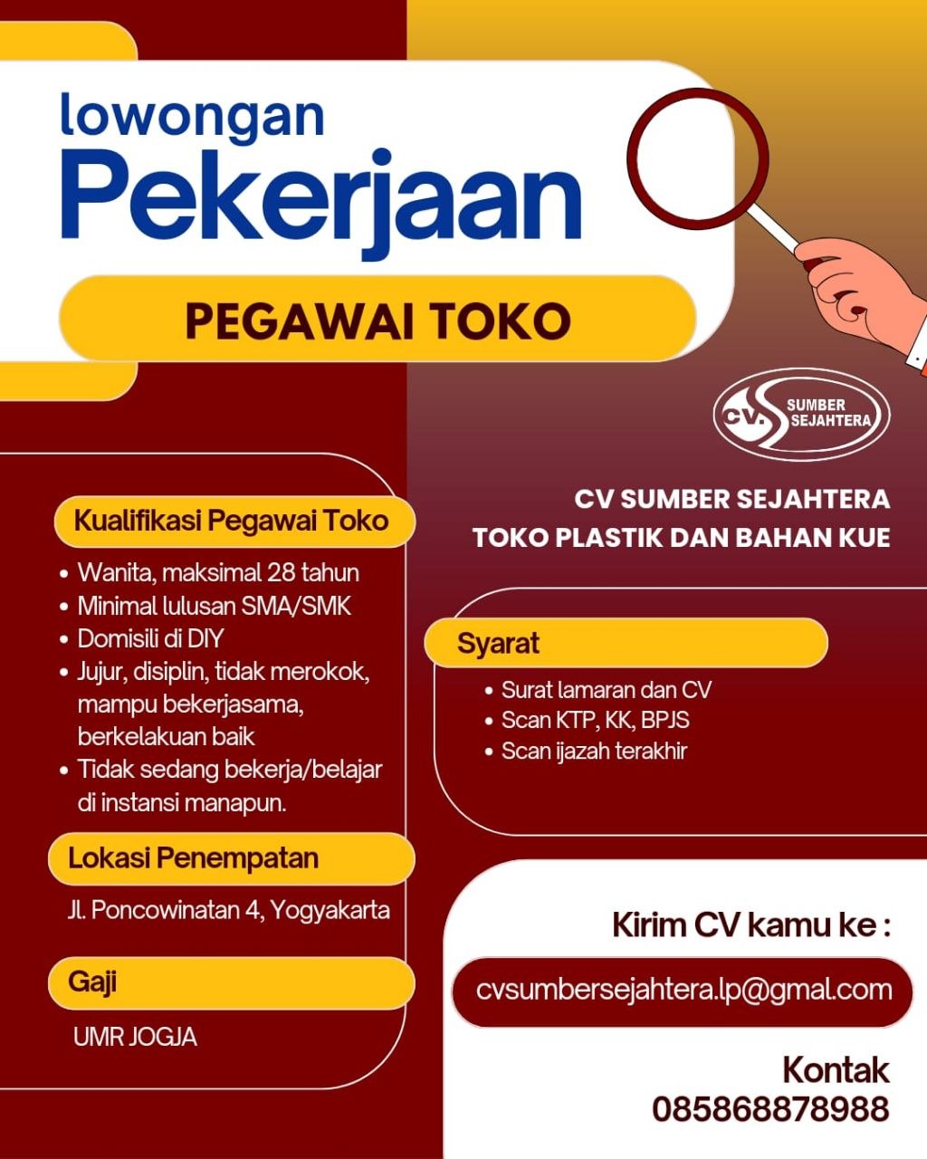 Poster lowongan CV Sumber Sejahtera