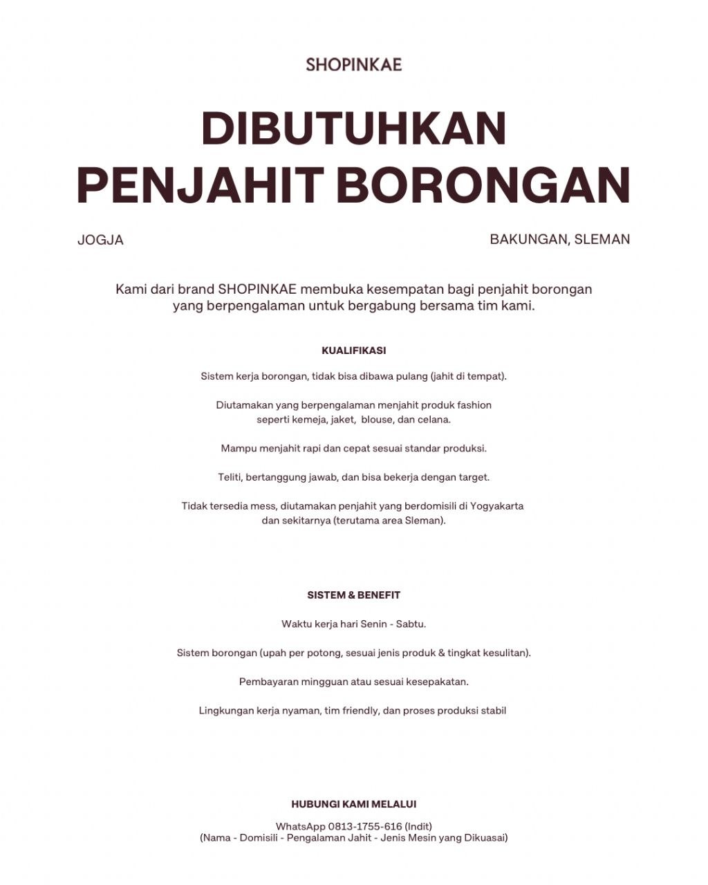 Poster lowongan SHOPINKAE
