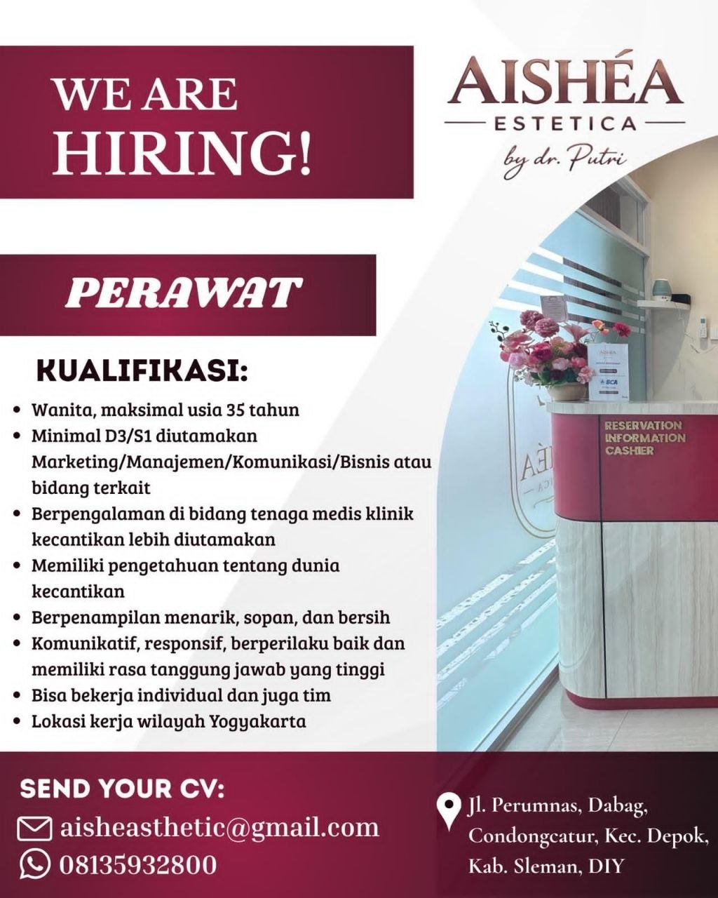 Poster lowongan AISHÉA Estetica by dr. Putri