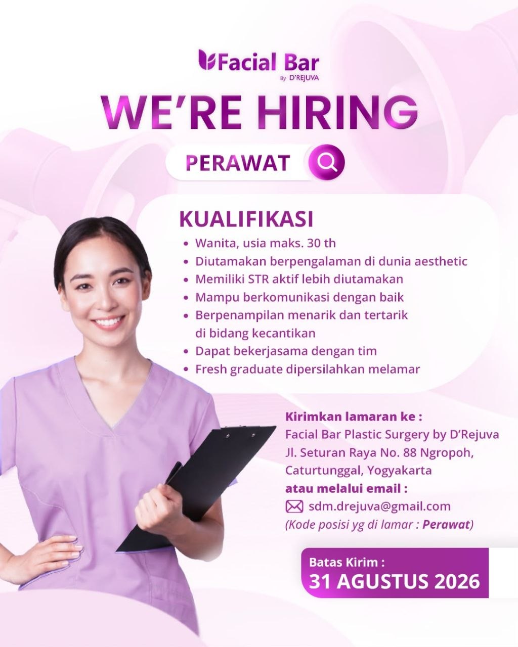 Poster lowongan Facial Bar Plastic Surgery by D'Rejuva