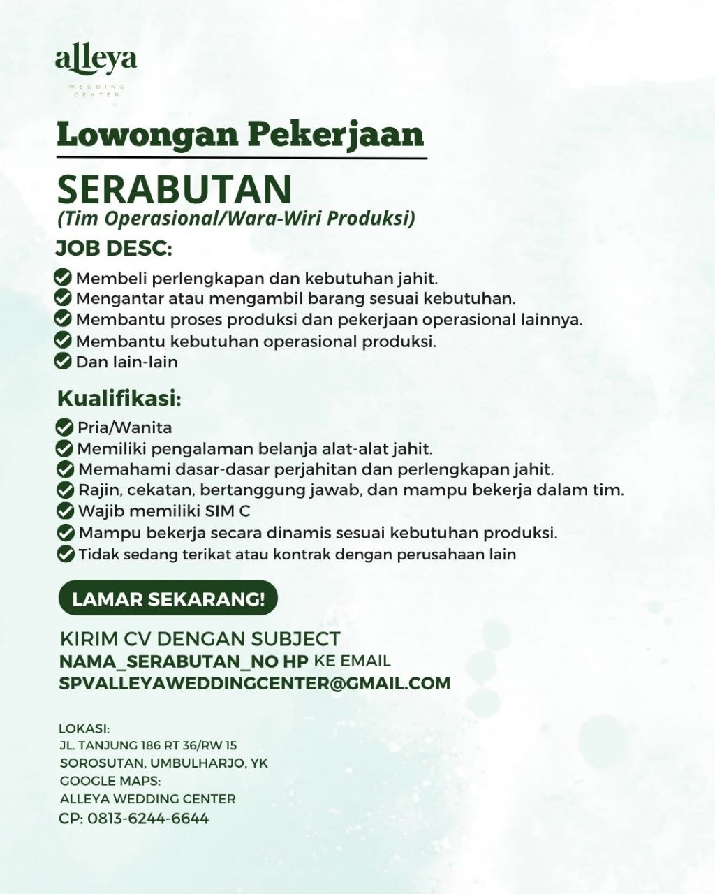 Poster lowongan Alleya Wedding Center