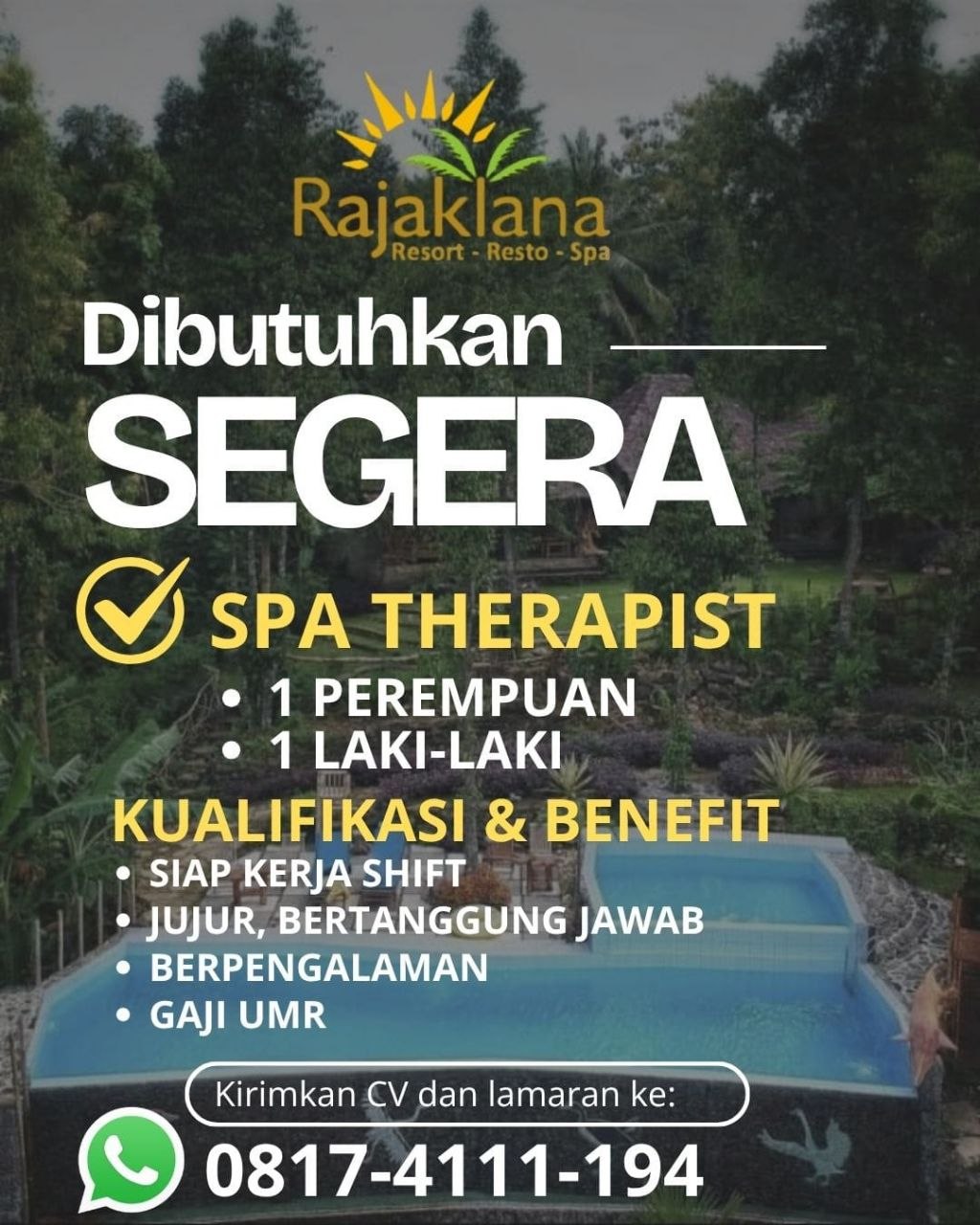 Poster lowongan Rajaklana Resort - Resto - Spa