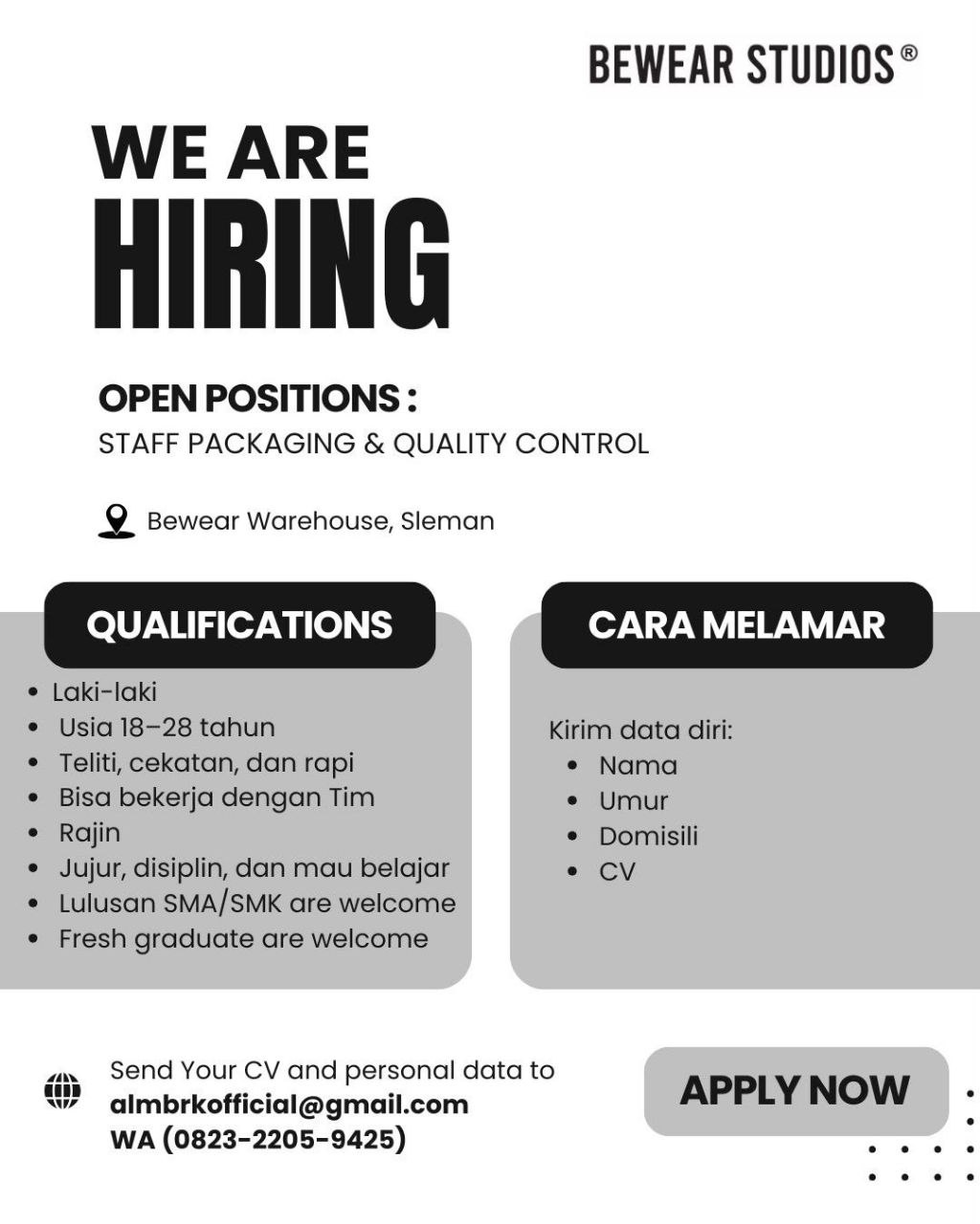 Poster lowongan Bewear Studios