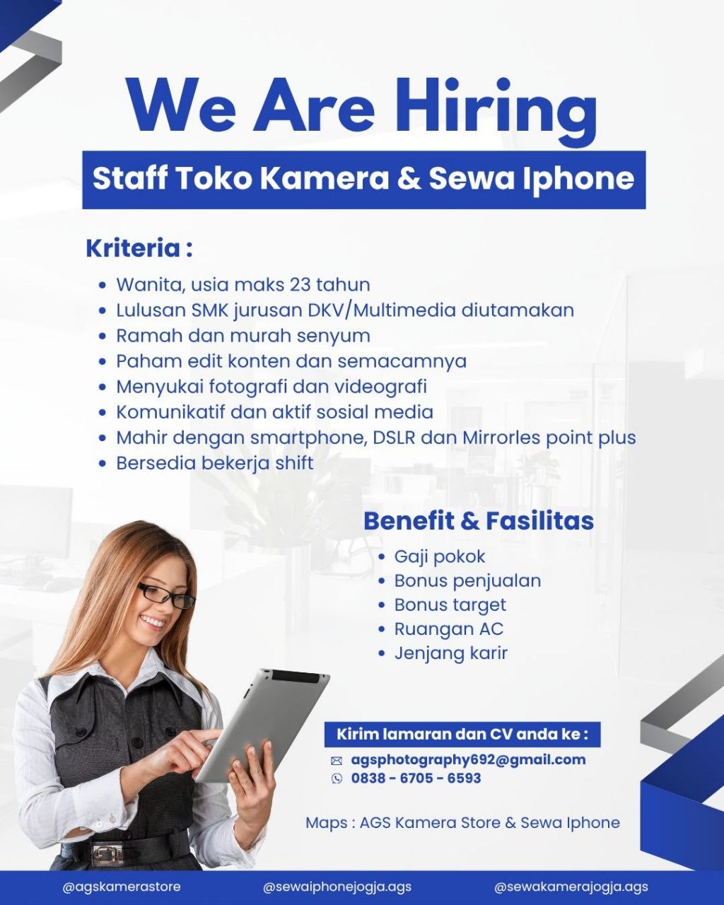 Poster lowongan AGS Kamera Store & Sewa Iphone