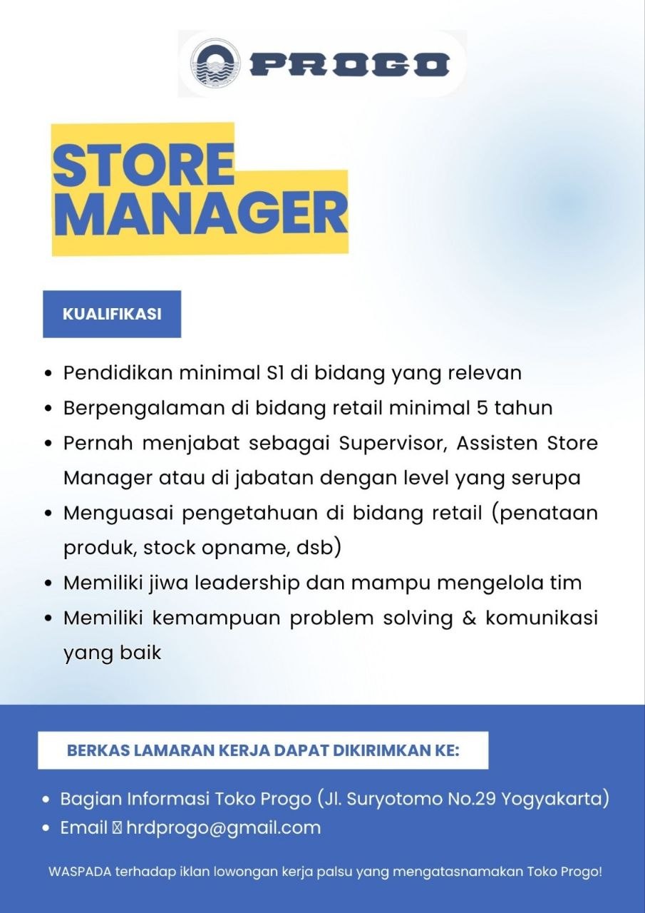 Poster lowongan Toko Progo