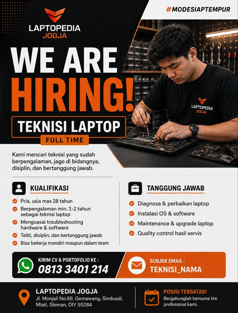 Poster lowongan Laptopedia Jogja