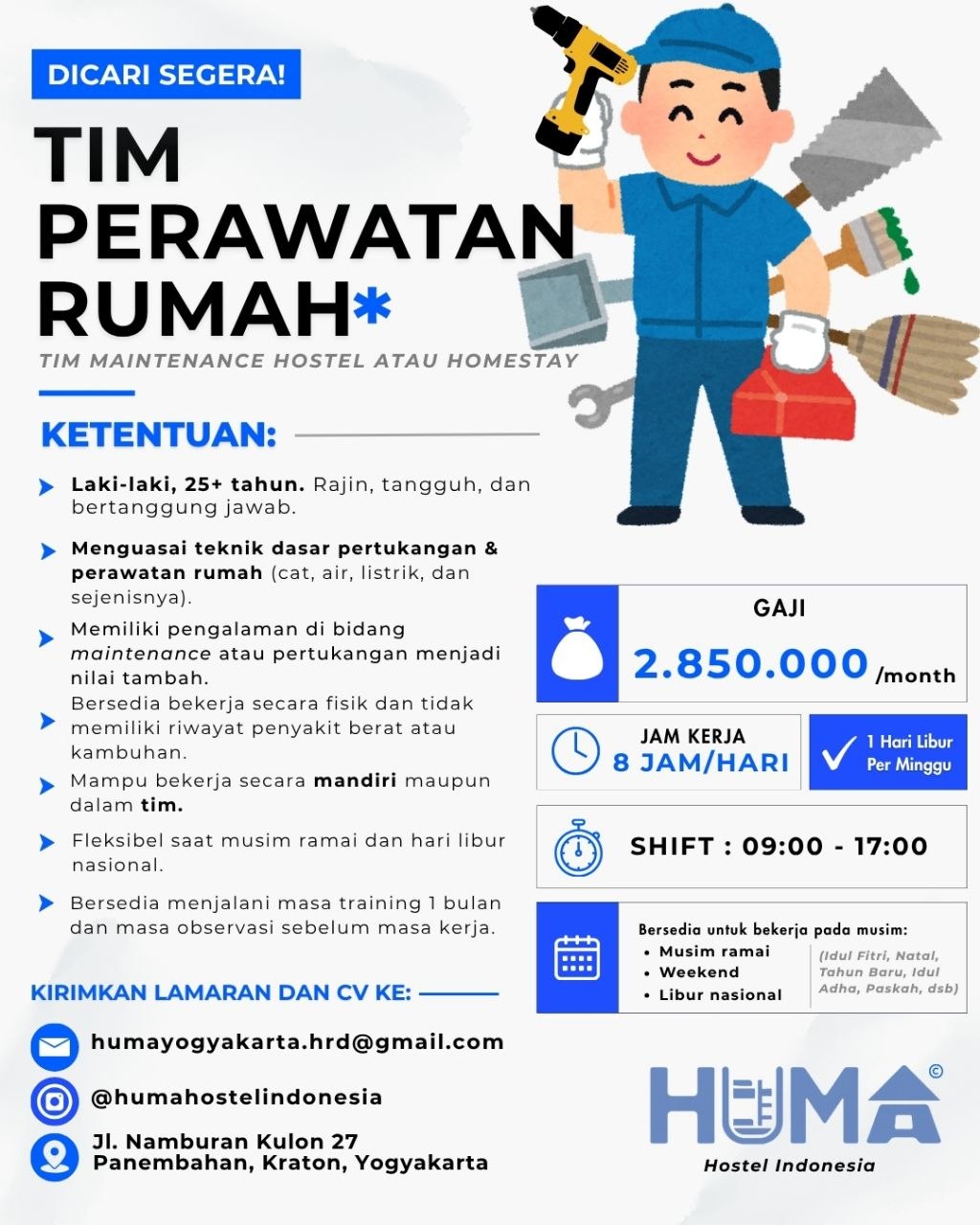 Poster lowongan HUMA Hostel Indonesia