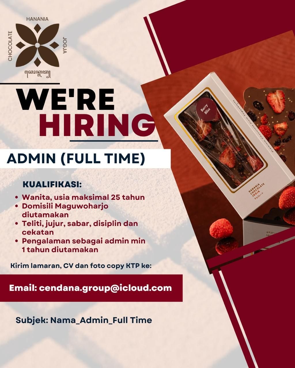 Poster lowongan Hanania Chocolate Jogja