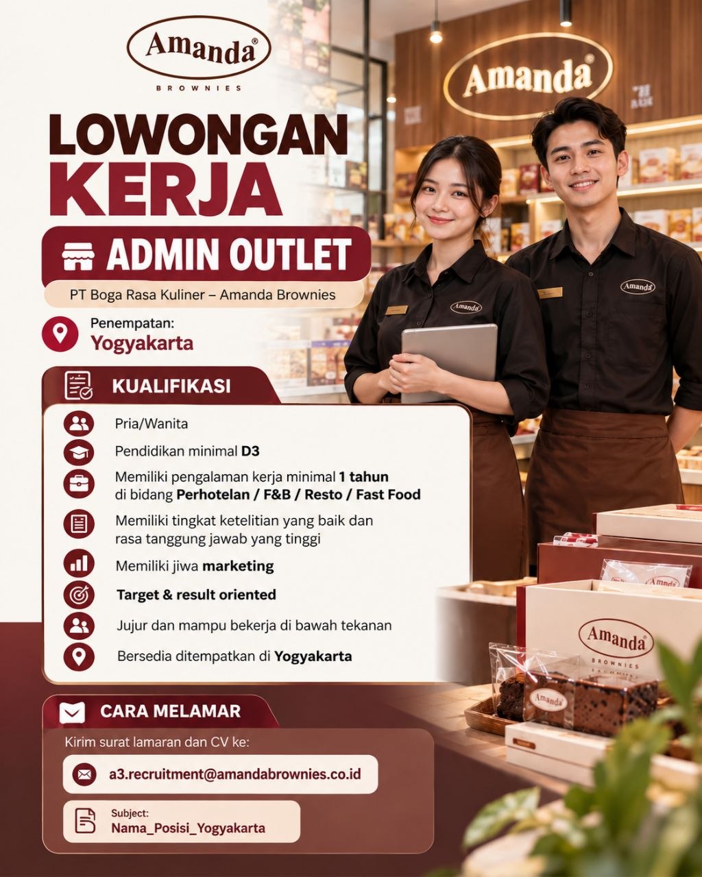 Poster lowongan PT Boga Rasa Kuliner – Amanda Brownies