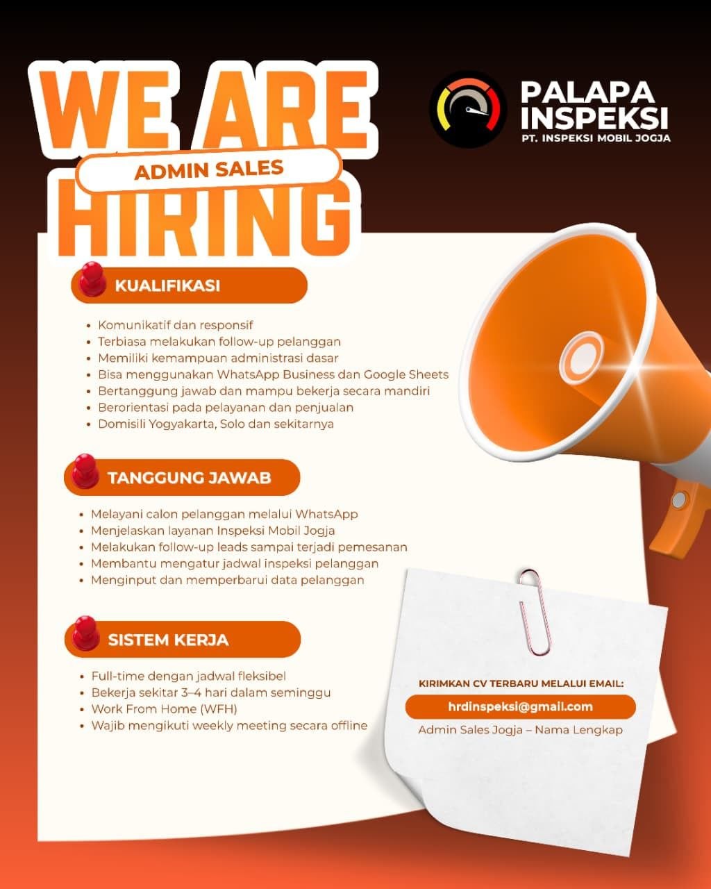 Poster lowongan PALAPA INSPEKSI PT. INSPEKSI MOBIL JOGJA
