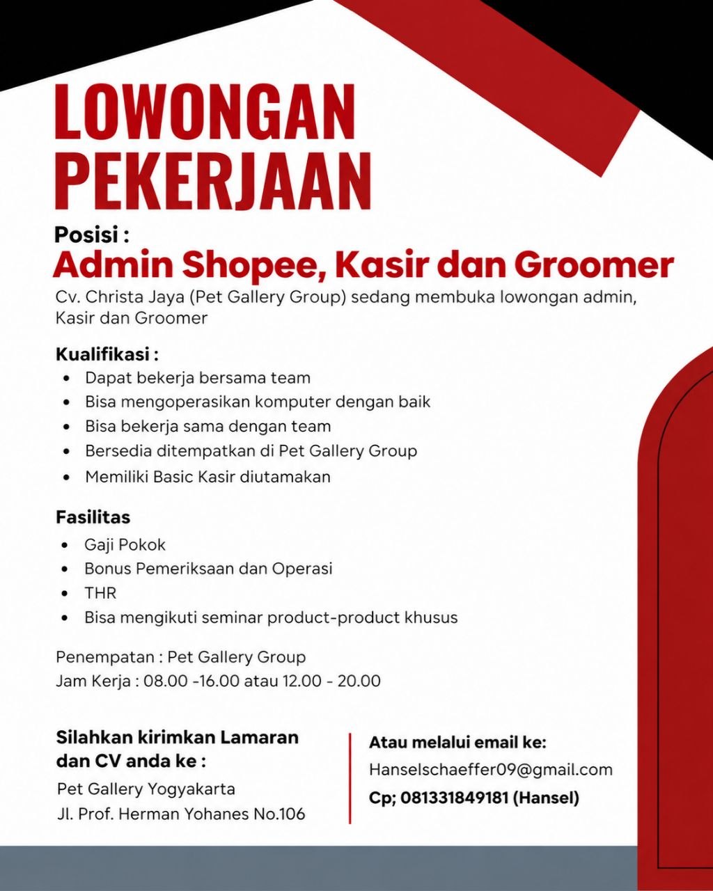 Poster lowongan Cv. Christa Jaya (Pet Gallery Group)