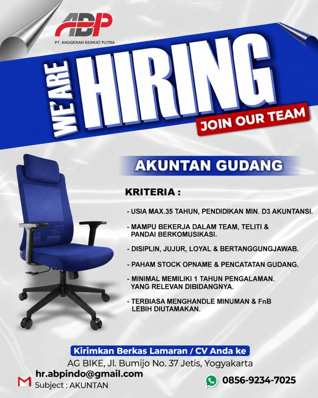 Poster lowongan PT. Anugerah Berkat Putra