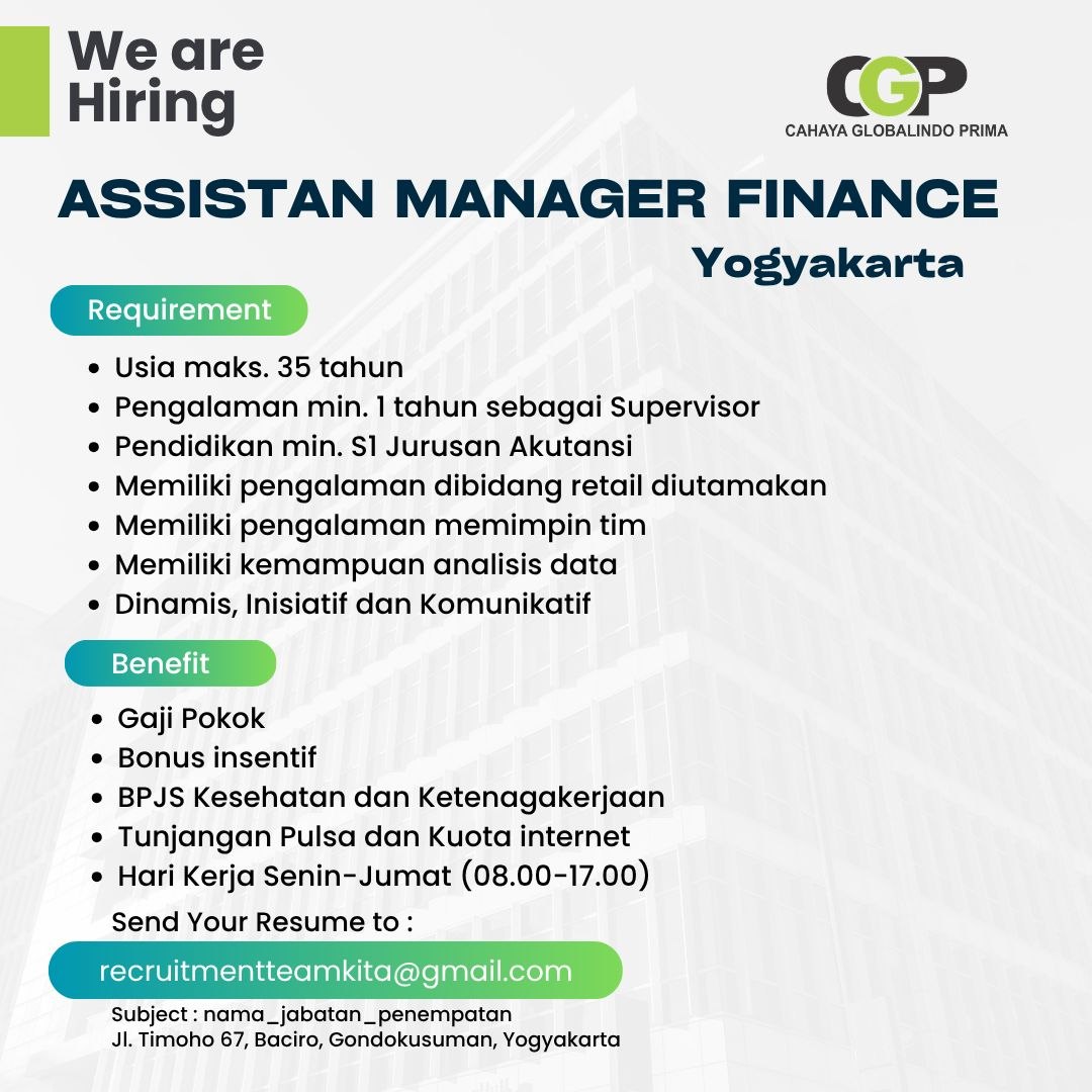 Poster lowongan CAHAYA GLOBALINDO PRIMA