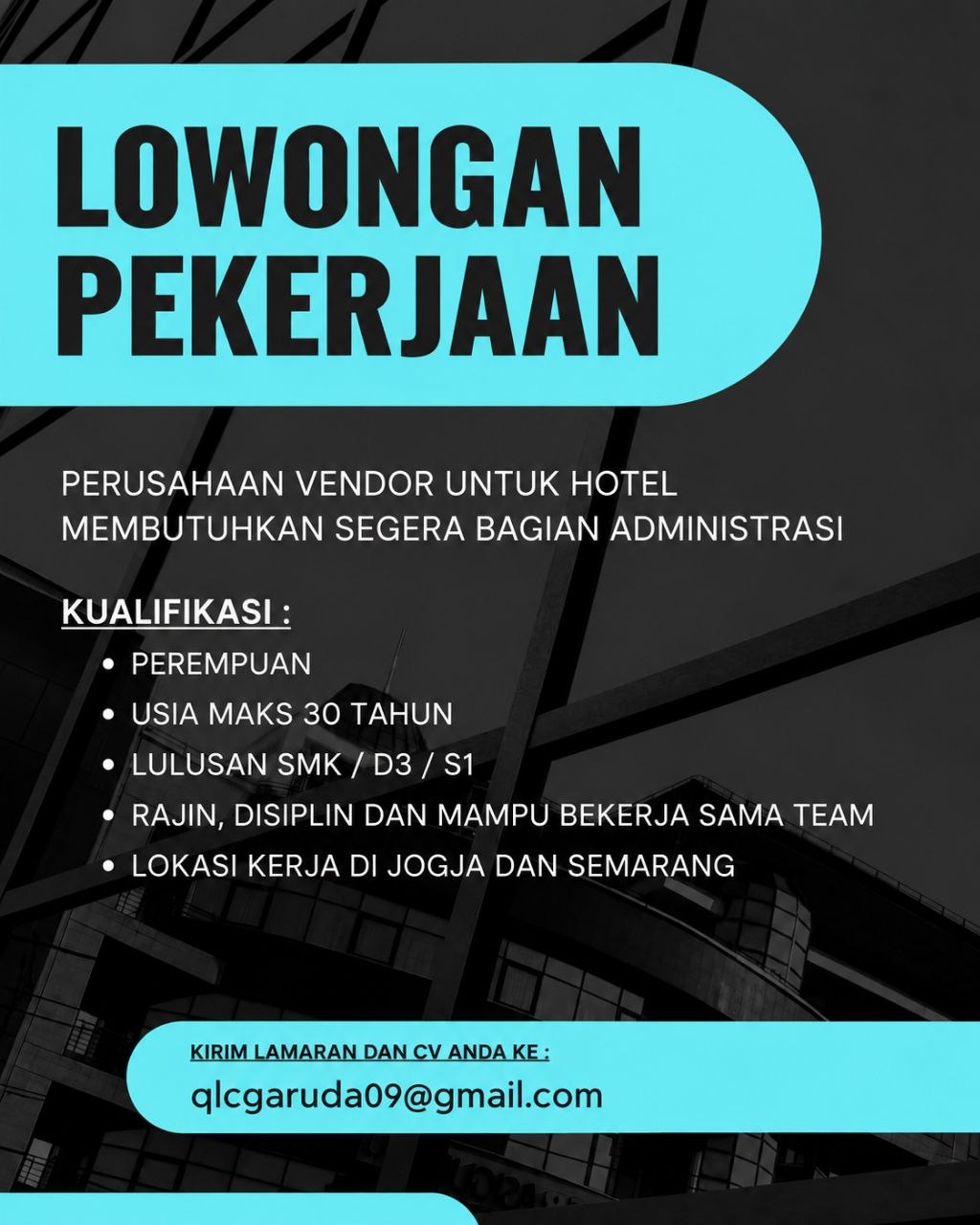 Poster lowongan Perusahaan Vendor untuk Hotel