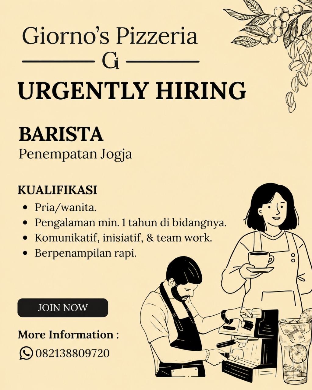 Poster lowongan Giorno’s Pizzeria