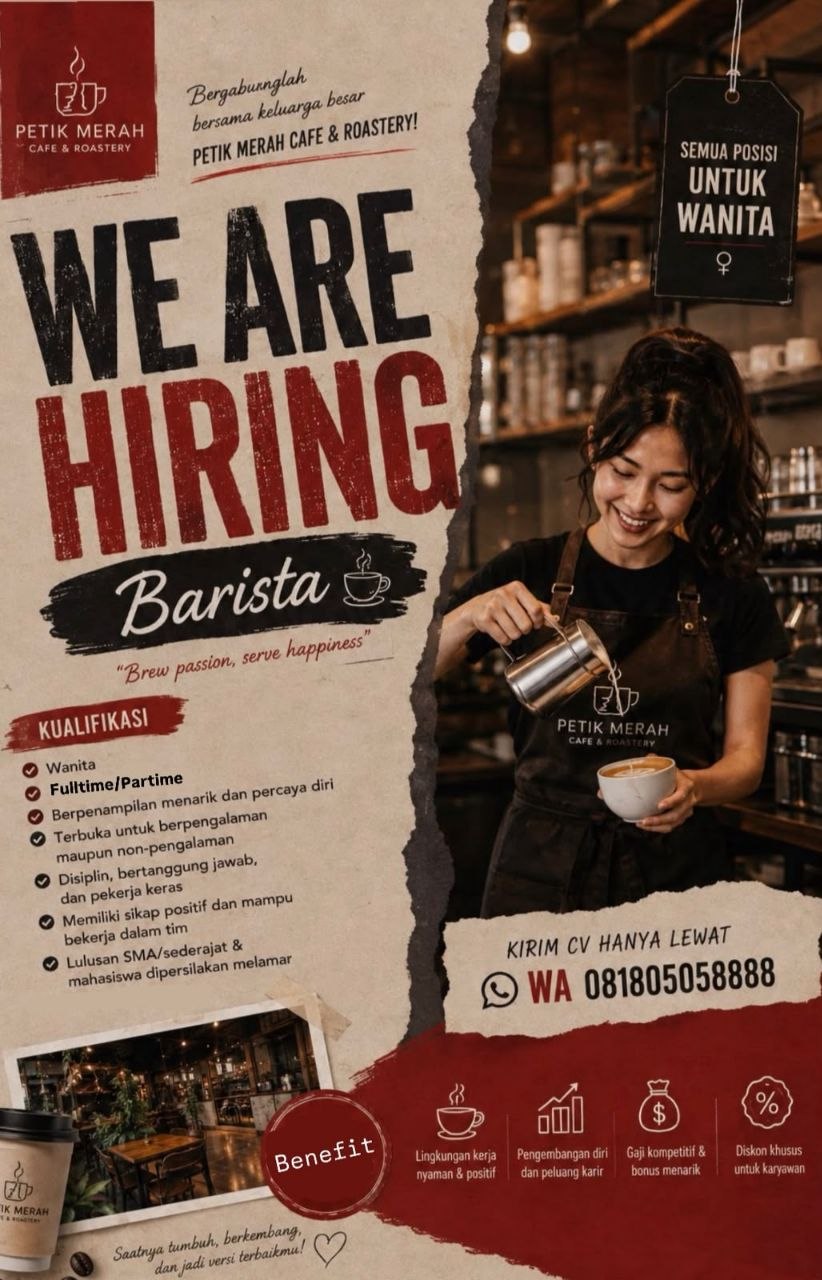 Poster lowongan PETIK MERAH CAFE & ROASTERY
