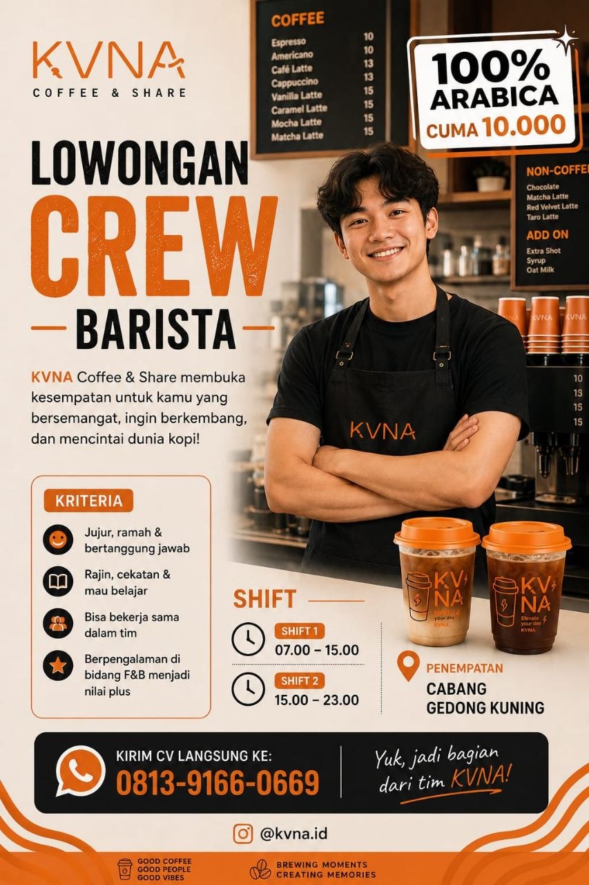 Poster lowongan KVNA Coffee & Share