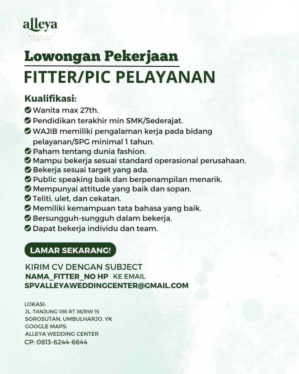 Poster lowongan Alleya Wedding Center