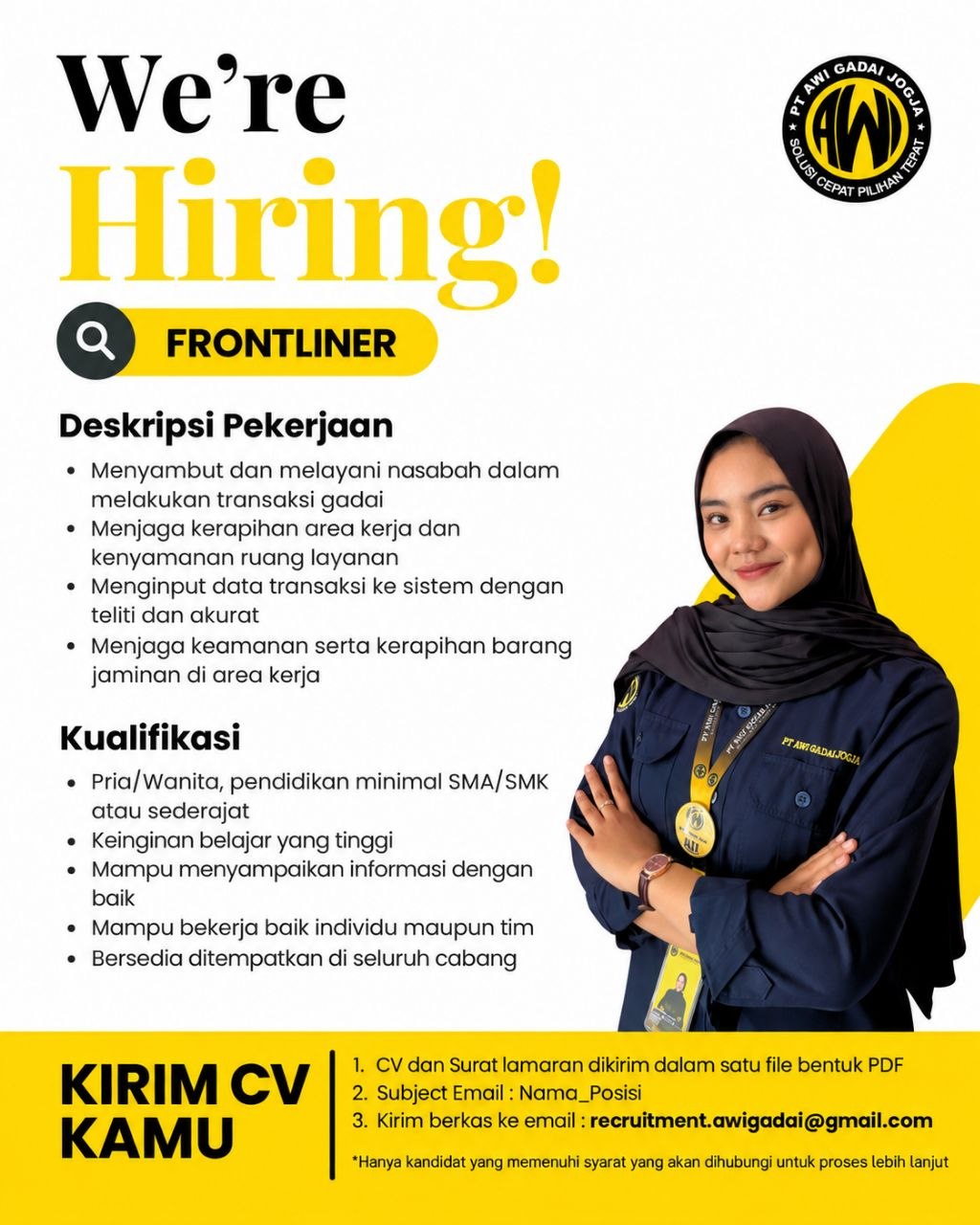 Poster lowongan PT AWI Gadai Jogja