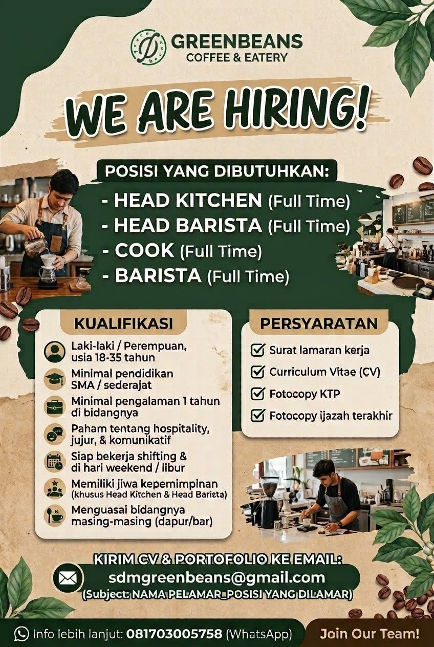 Poster lowongan GREENBEANS COFFEE & EATERY