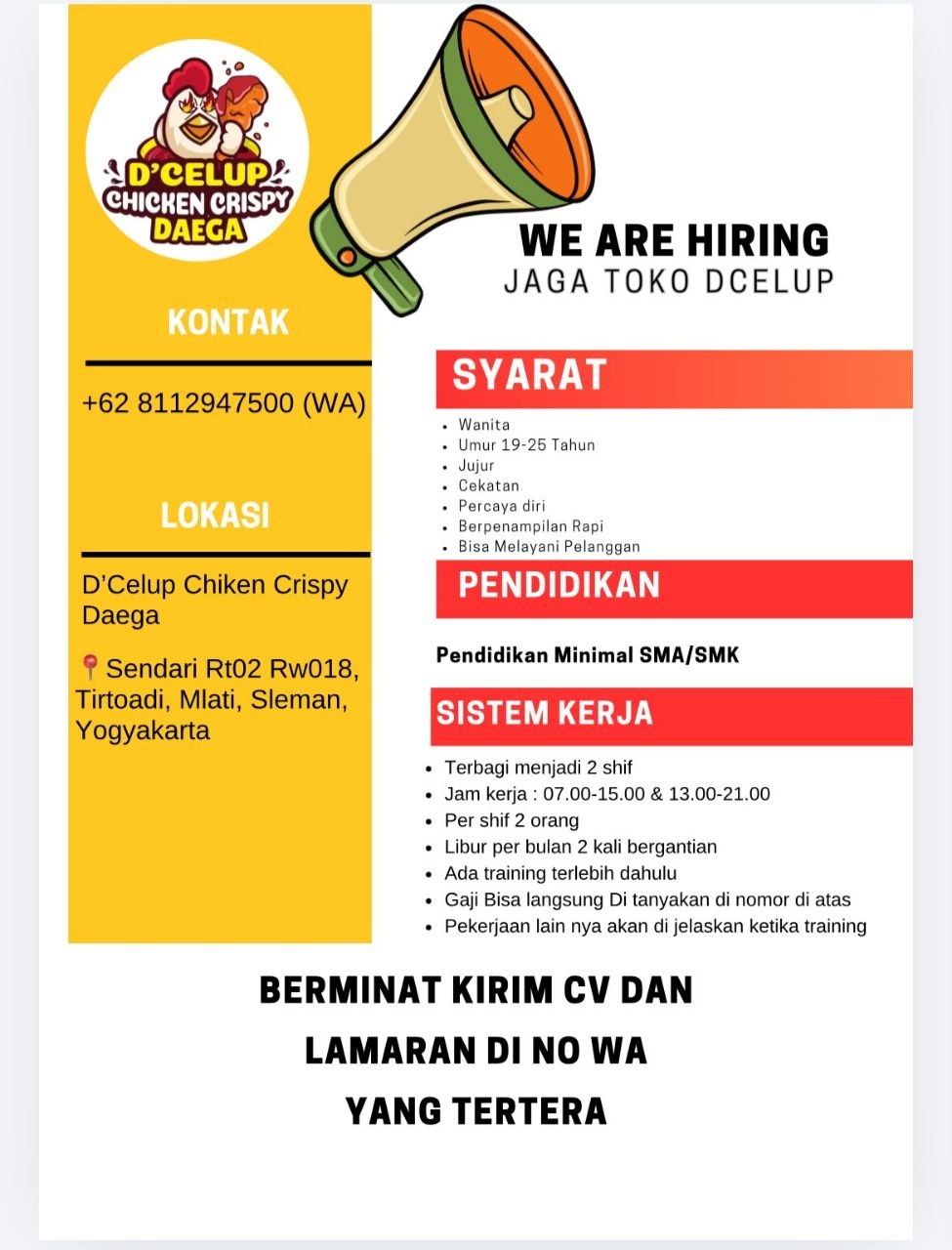 Poster lowongan D'Celup Chicken Crispy Daega