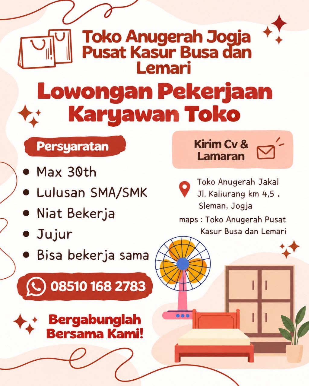 Poster lowongan Toko Anugerah Jogja Pusat Kasur Busa dan Lemari