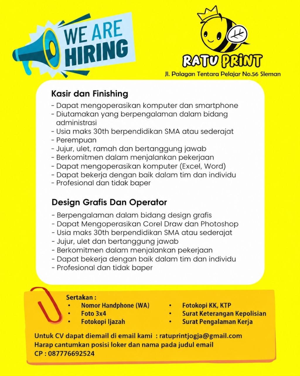 Poster lowongan RATU PRINT