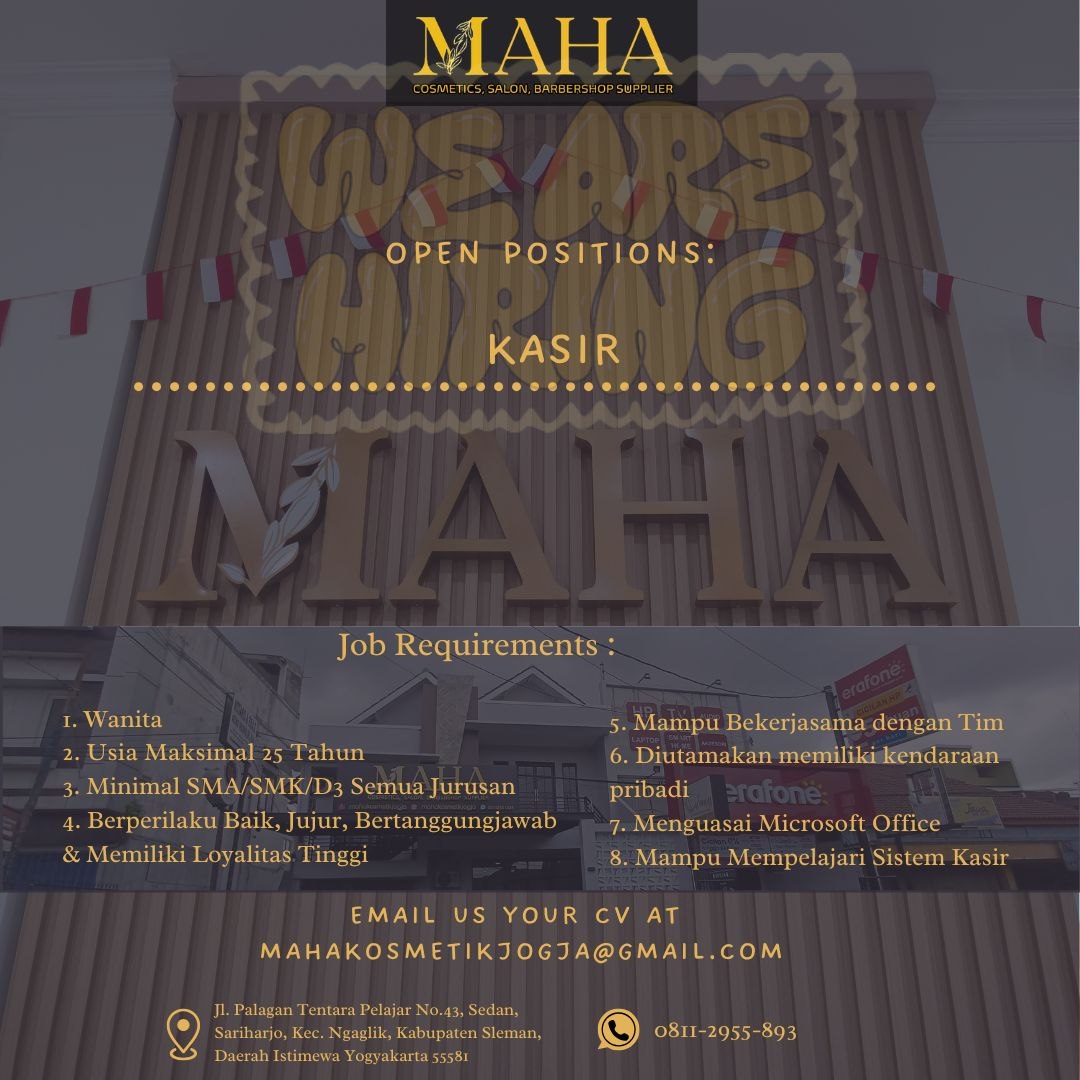 Poster lowongan MAHA Cosmetics, Salon, Barbershop Supplier