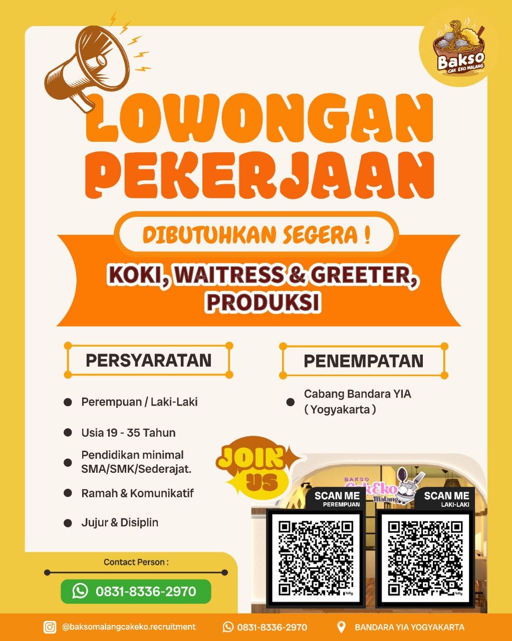 Poster lowongan Bakso Cak Eko Malang