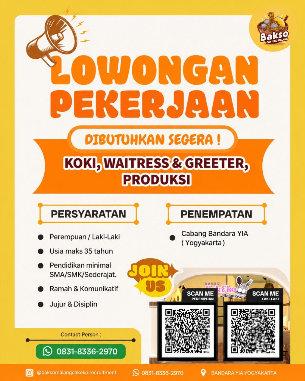 Poster lowongan Bakso Cak Eko Malang