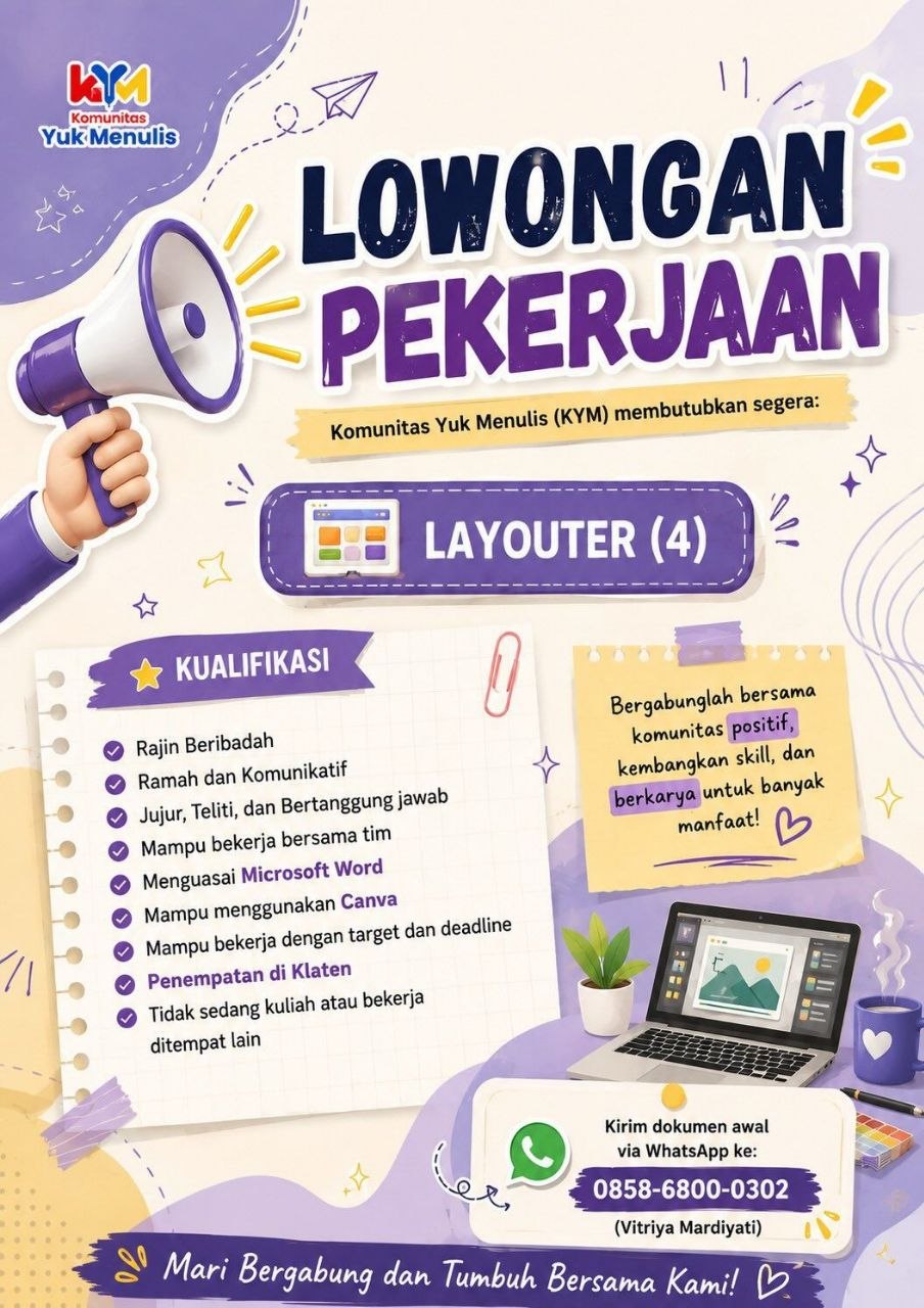 Poster lowongan Komunitas Yuk Menulis (KYM)