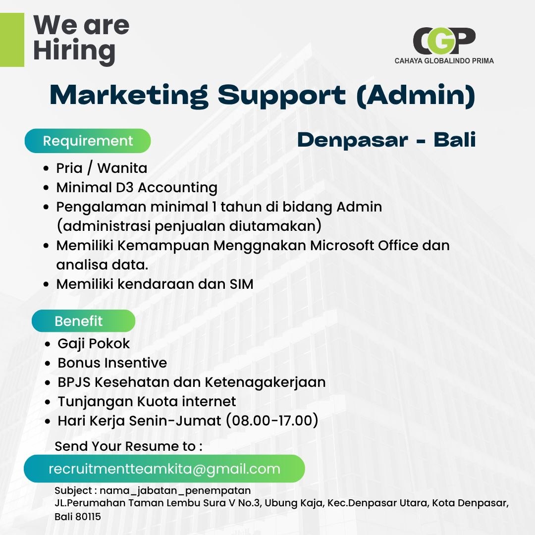 Poster lowongan CAHAYA GLOBALINDO PRIMA