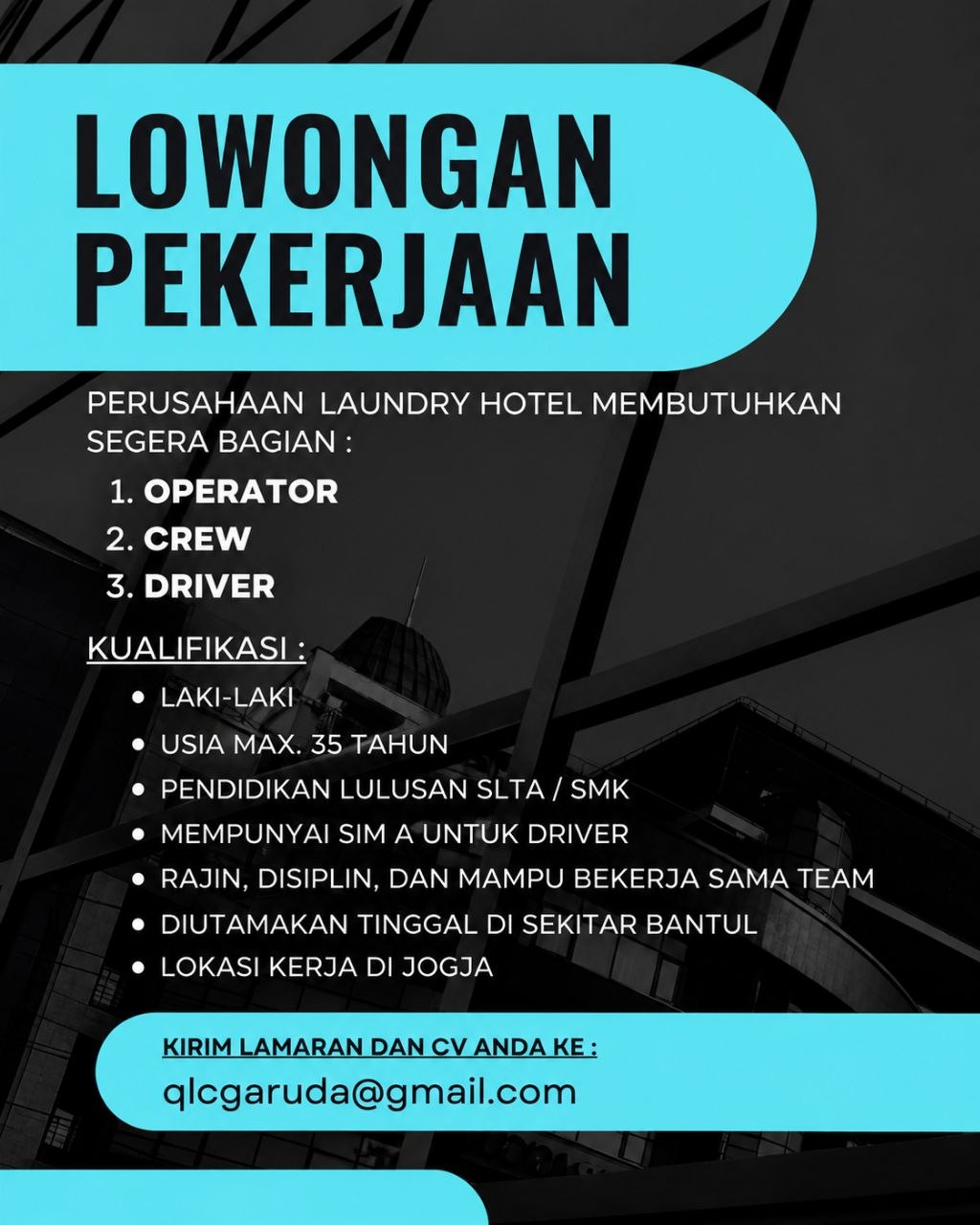 Poster lowongan LAUNDRY HOTEL